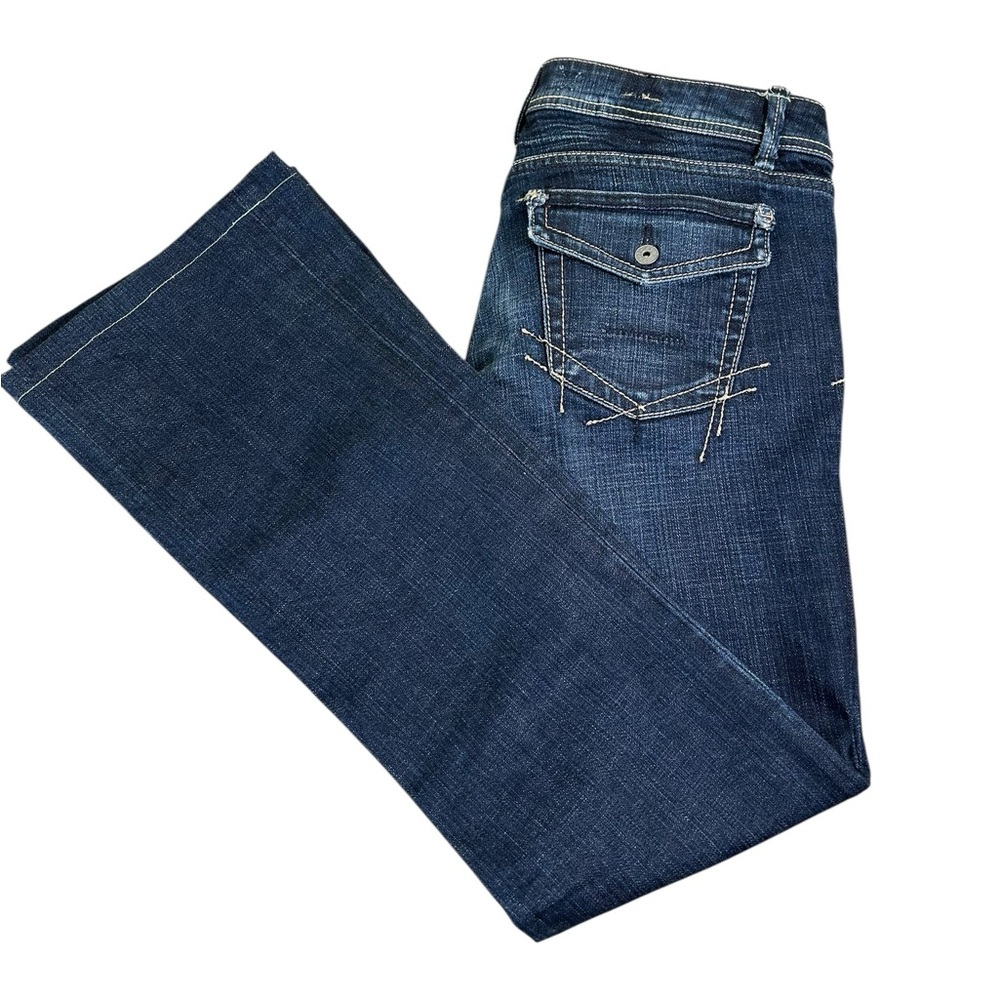 YANUK Dreamer Stitch Low Rise Flare Jeans Sz 27 VTG Y2K Dark Wash Made in USA
